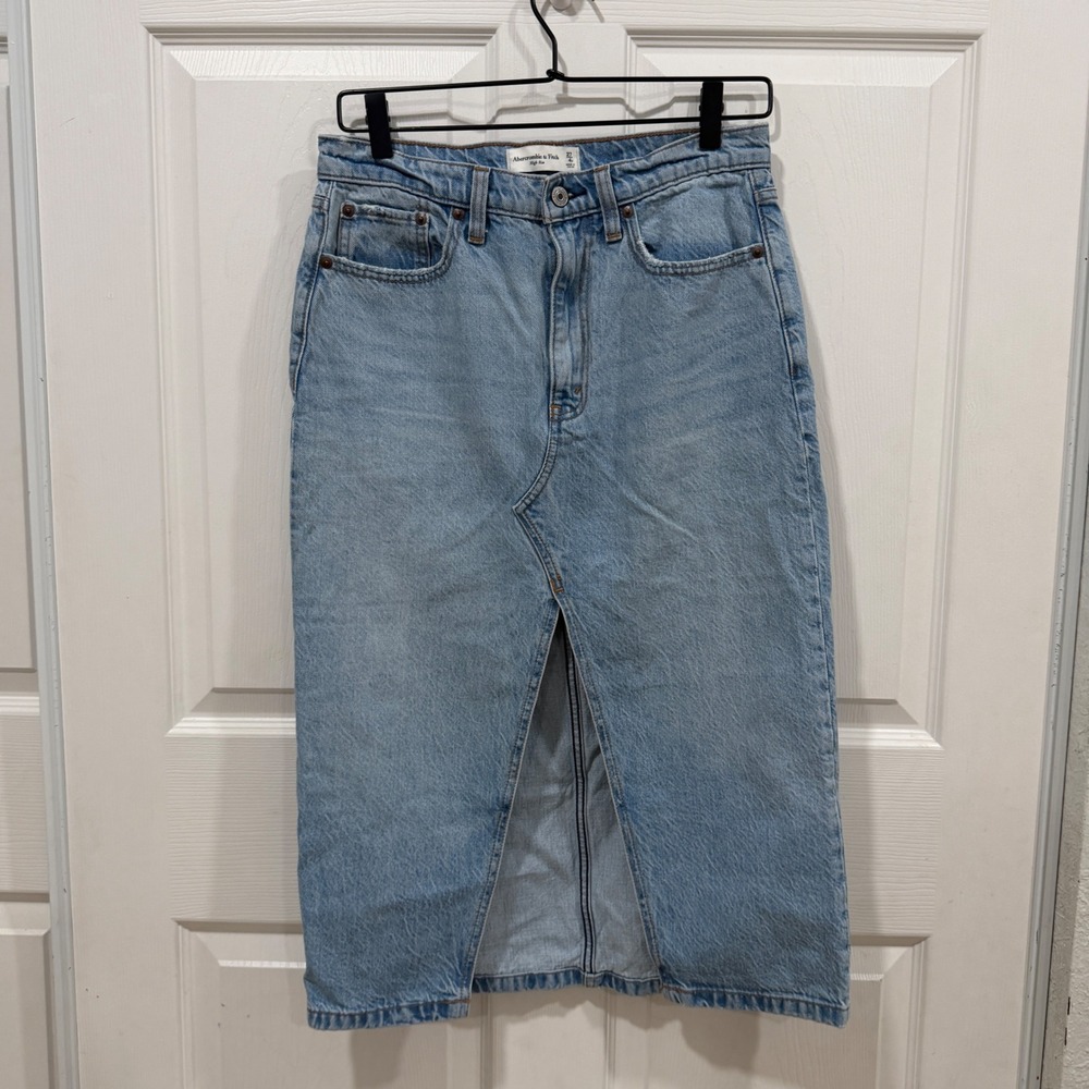 Abercrombie &‎ Fitch High Rise Denim Midi Skirt Light Wash Front Slit 27 4P